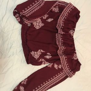 Off-shoulder burgundy and white top